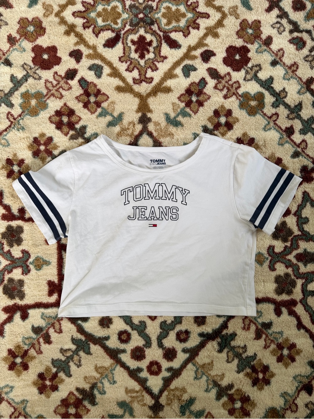 Tommy Hilfiger White Crop Top with Navy Sleeve Stripes
